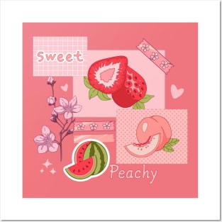 The peachy pink design with  various berries, fruits, and other cute stickers Posters and Art